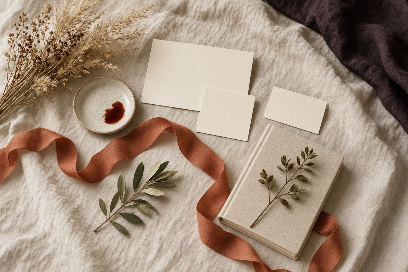 A linen-covered table arranged with blank cards, ribbon, olive, and a notebook.
