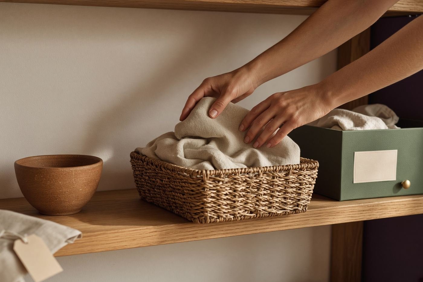 Hands folding linen into a woven basket on an oak shelf, beside a clay bowl.