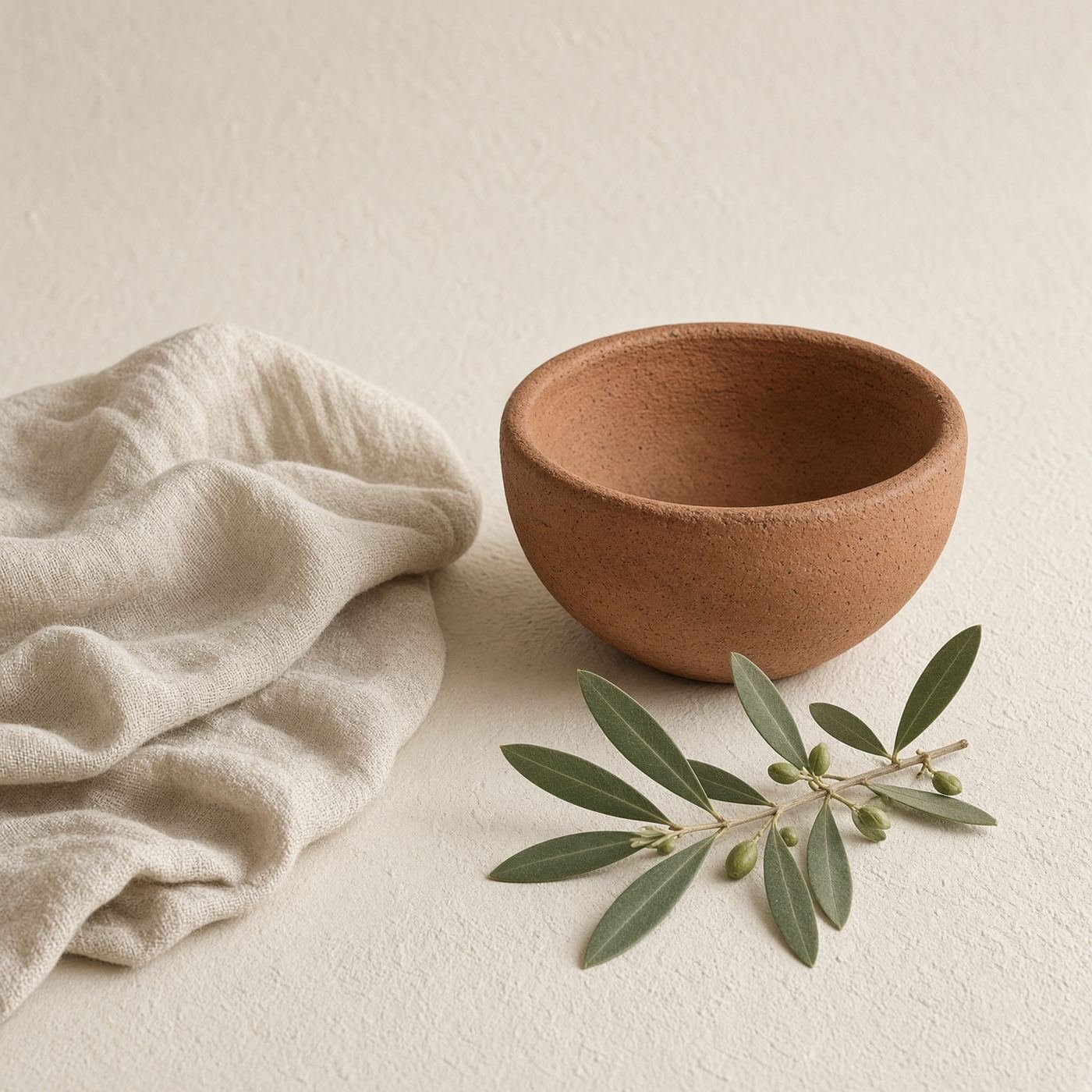 A clay bowl, folded linen, and an olive sprig on a plaster surface.