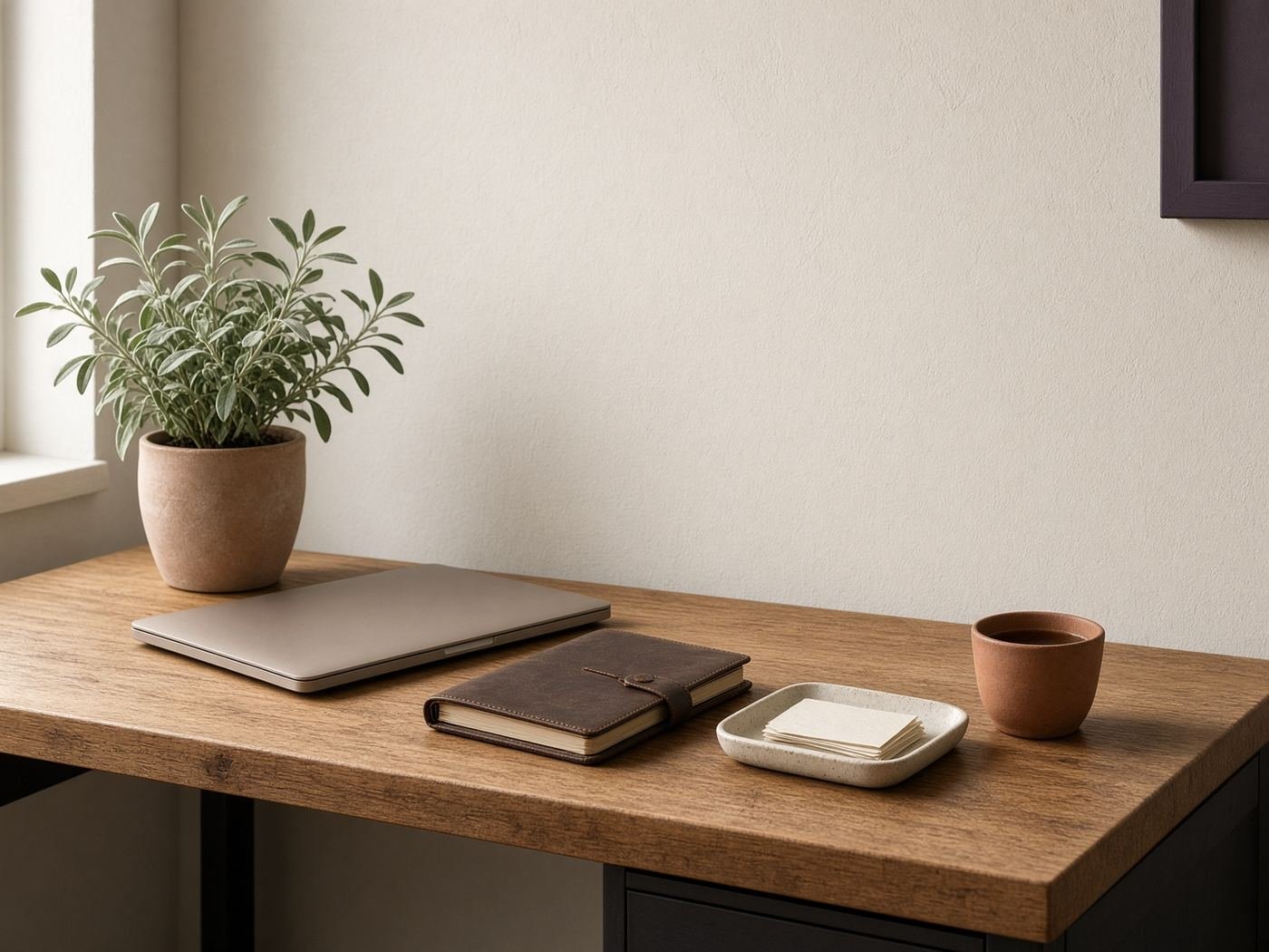 A calm workspace with a notebook, index cards, a closed laptop, and tea.